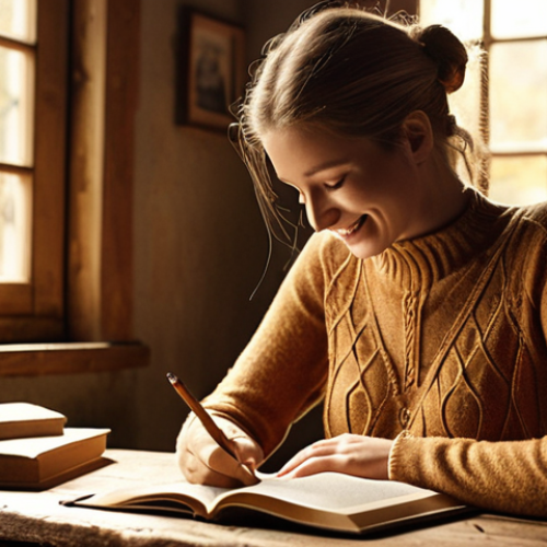 Home 6 **Prompt 1: The Heart of Authentic Connection**
A person, with a warm, genuine expression, is writing at a rustic wooden desk, bathed in soft, natural light. From their chest, ethereal, glowing lines extend outward, connecting to diverse individuals who are seen reading and deeply engaging with the content (some with thoughtful smiles, others with hands on their hearts). The background subtly features elements reminiscent of a cozy Polish autumn, with golden light filtering through a window. The scene emphasizes the profound, soulful connection between author and reader, highlighting authenticity and human emotion that Artificial Intelligence cannot replicate. Emotional, warm tones, high detail.
