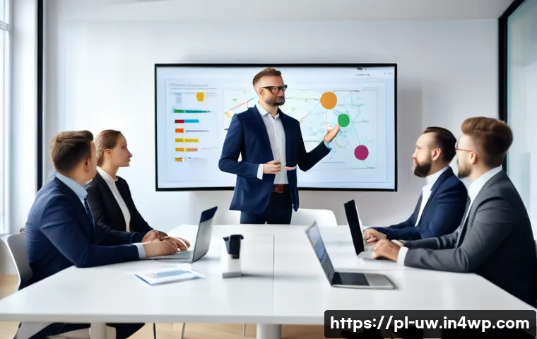 표현력 향상을 위한 시나리오 작성법 - A modern Polish business meeting scene in a bright office with diverse professionals engaged in a pr...