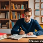 Home 22 어휘력 향상을 위한 온라인 퀴즈 - A cozy home study scene featuring a young adult Polish learner sitting at a wooden desk in a warmly ...