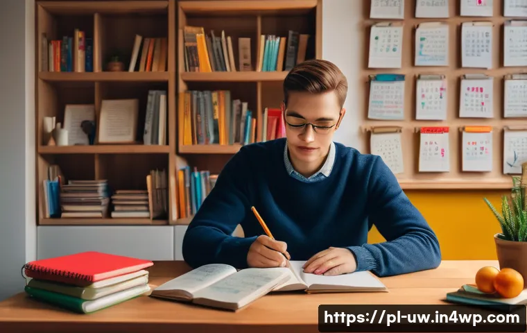 어휘력 향상을 위한 온라인 퀴즈 - A cozy home study scene featuring a young adult Polish learner sitting at a wooden desk in a warmly ...