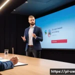 Home 21 어휘력 증진을 위한 대중연설 기술 - A confident young Polish speaker standing on a stage in a modern conference room, wearing smart casu...