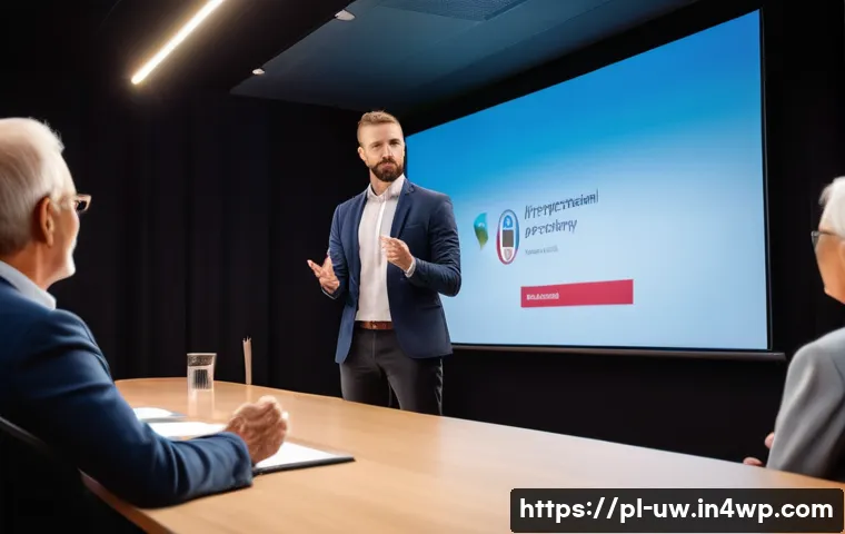 어휘력 증진을 위한 대중연설 기술 - A confident young Polish speaker standing on a stage in a modern conference room, wearing smart casu...