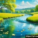 Home 19 어휘력 향상을 위한 비유적 표현 연습 - A vibrant, imaginative illustration of a flowing river symbolizing the passage of time, with shimmer...