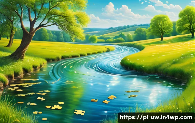 어휘력 향상을 위한 비유적 표현 연습 - A vibrant, imaginative illustration of a flowing river symbolizing the passage of time, with shimmer...