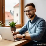 Home 18 모든 상황에서 어색하지 않은 어휘 선택 - A cozy home office scene showing a young Polish professional sitting at a wooden desk with a laptop ...