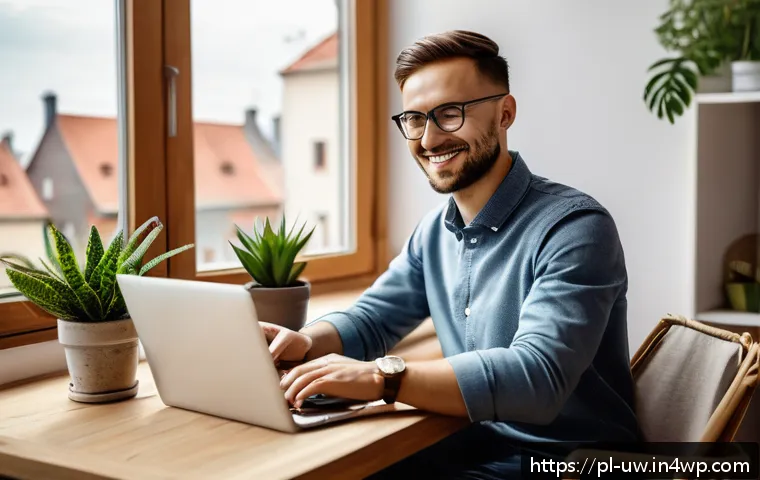모든 상황에서 어색하지 않은 어휘 선택 - A cozy home office scene showing a young Polish professional sitting at a wooden desk with a laptop ...